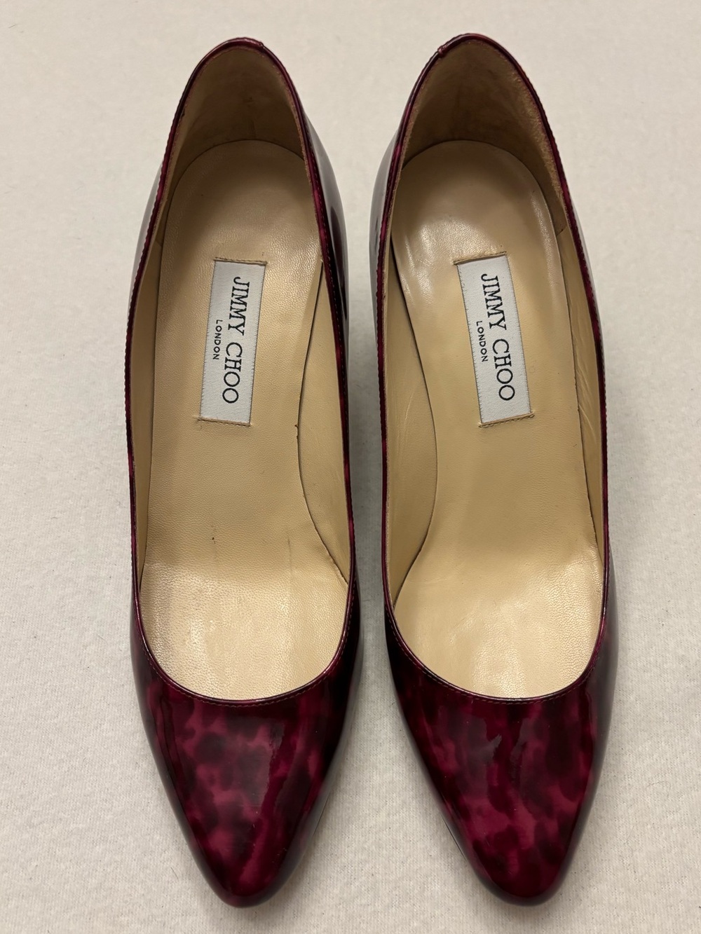Jimmy Choo Magenta Animal Print Patent Leather Pointed Toe & 3” Heels. Sz 41 1/2